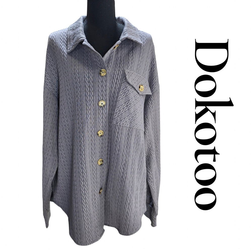 Dokotoo Shirt Women L Grey Cable Knit Button Down Shacket Oversized Y2K Boho
